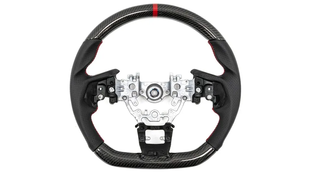 Sale Molded Innovations Original Carbon Fiber Steering Wheel w/ Perforated Leather Grip, Red Stripe and Red Stitching 2022-2024 WRX