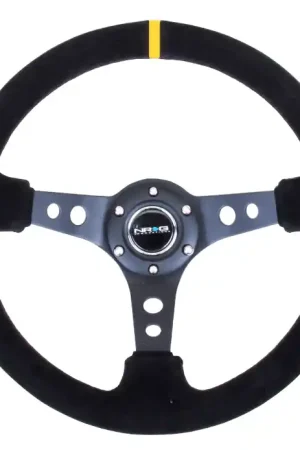 Place Order NRG Innovations 350MM Deep Dish Steering Wheel w/ Holes, Black Center, Black Stitching, Yellow Stripe and Black Suede Grip