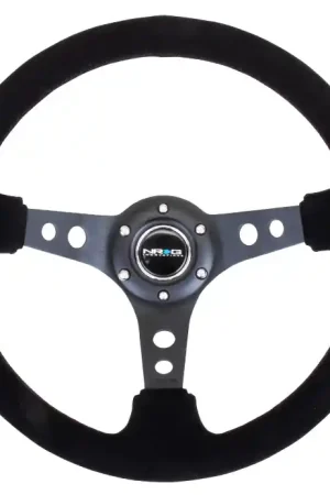 Place Order NRG Innovations 350MM Deep Dish Steering Wheel w/ Holes, Black Center, Black Stitching and Black Suede Grip