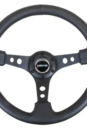 Free Shipping NRG Innovations 350MM Deep Dish Steering Wheel w/ Holes, Black Center, Black Stitching and Black Leather Grip