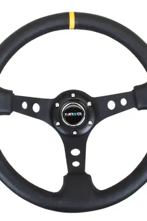 NRG Innovations 350MM Deep Dish Steering Wheel w/ Holes, Black Center, Black Stitching, Yellow Stripe and Black Leather Grip Trusted Brand
