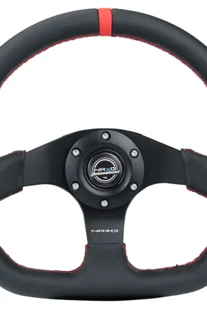 NRG Innovations 024 Series Flat Bottom Steering Wheel w/ Black Center, Red Stitching, Red Stripe and Black Leather Grip Budget