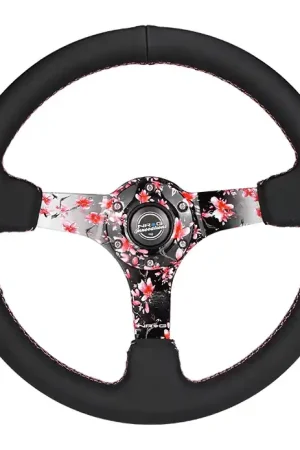 Money Back Guarantee NRG Innovations 350mm Deep Dish Steering Wheel w/ Sakura Floral Center, Pink Stitching, and Leather Grip