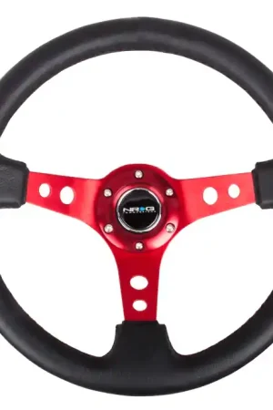 NRG Innovations 350MM Deep Dish Steering Wheel w/ Holes, Red Center, Black Stitching, and Black Leather Grip Super Sale