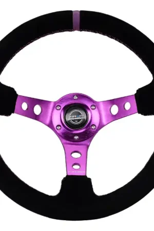 NRG Innovations 350MM Deep Dish Steering Wheel w/ Holes, Purple Center, Purple Stitching, Purple Stripe, and Black Suede Grip Big Sale