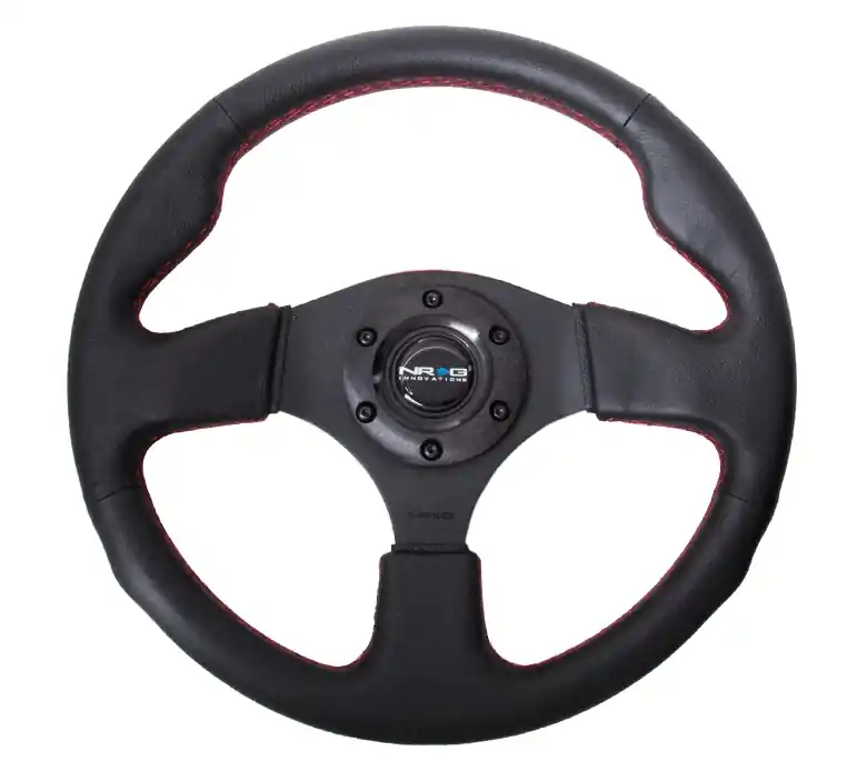 Direct From Factory NRG Innovations 320MM Steering Wheel w/ Black Center, Red Stitching and Leather Grip