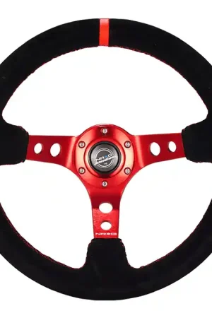 NRG Innovations 350MM Deep Dish Steering Wheel w/ Holes, Red Center, Red Stitching, Red Stripe, and Black Suede Grip Bargain