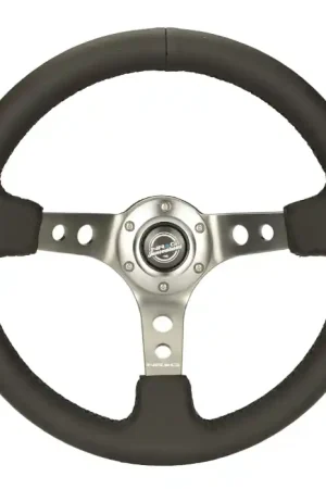 NRG Innovations 350MM Deep Dish Steering Wheel w/ Holes, Gunmetal Center, Black Stitching, and Black Leather Grip Free Shipping