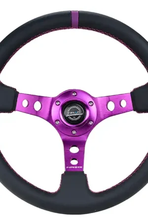 NRG Innovations 350MM Deep Dish Steering Wheel w/ Holes, Purple Center, Purple Stitching, Purple Stripe, and Black Leather Grip Exclusive Offer