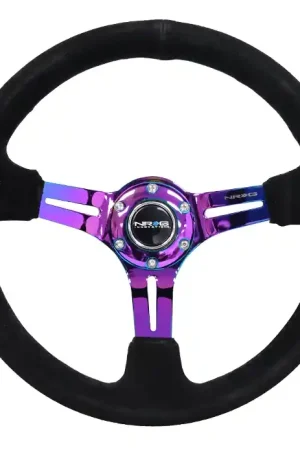 NRG Innovations 350MM Deep Dish Steering Wheel w/ Slits, Neochrome Center, Black Stitching and Black Suede Grip Weekend Sale