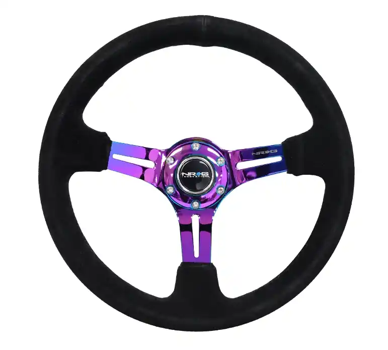 NRG Innovations 350MM Deep Dish Steering Wheel w/ Slits, Neochrome Center, Black Stitching and Black Suede Grip Weekend Sale