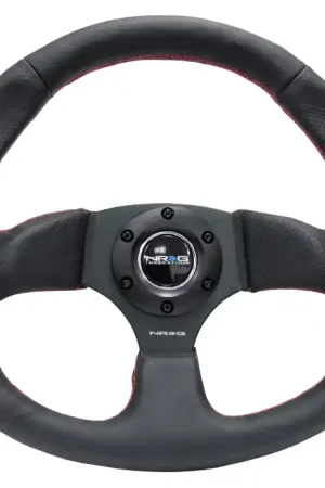 Hot Deal NRG Innovations 009 Series Flat Bottom Steering Wheel Smooth Leather w/ Black Center, Red Stitching and Perforated Leather Grip