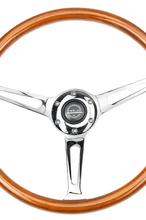 NRG Innovations 360MM Flat Steering Wheel w/ Slits, Chrome Center, and Woodgrain Grip Worldwide Shipping