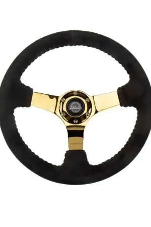 Original NRG Innovations 350MM Deep Dish Steering Wheel w/ Gold Center, Red Baseball Stitching and Black Suede Grip