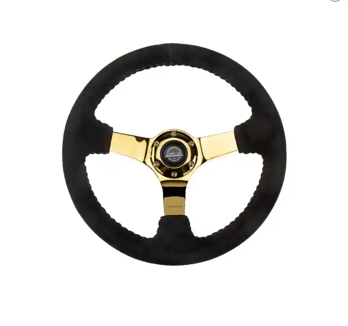 Original NRG Innovations 350MM Deep Dish Steering Wheel w/ Gold Center, Red Baseball Stitching and Black Suede Grip