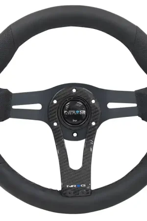 Fast Shipping NRG Innovations 320MM Leather Steering Wheel w/ Black Center, Black Stitching, Carbon Center Spoke and Perforated Leather Grip