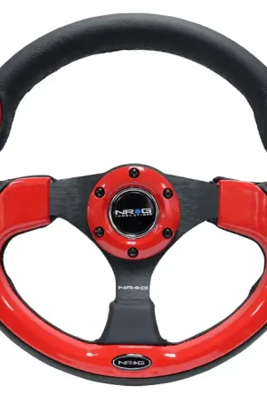 Flash Sale NRG Innovations Pilota Series 320MM Steering Wheel w/ Black Center, Black Stitching, Red Accents and Leather Grip