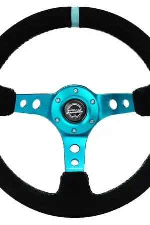 Modern NRG Innovations 350MM Deep Dish Steering Wheel w/ Holes, Teal Center, Teal Stitching, Teal Stripe, and Black Suede Grip