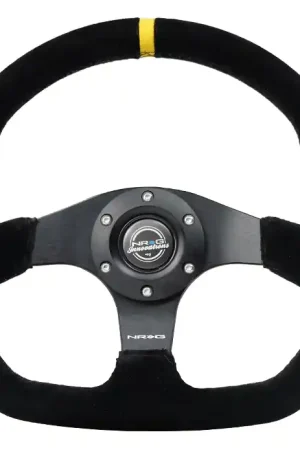 Bulk Order NRG Innovations 024 Series Flat Bottom Steering Wheel w/ Black Center, Black Stitching, Yellow Stripe and Black Suede Grip