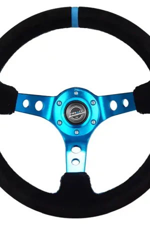 Worldwide Shipping NRG Innovations 350MM Deep Dish Steering Wheel w/ Holes, Black Center, Blue Stitching, Blue Stripe and Black Suede Grip