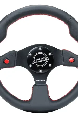 NRG Innovations 320MM Leather Steering Wheel w/ Black Center, Red Stitching, Dual Buttons and Perforated Leather Grip Best Seller