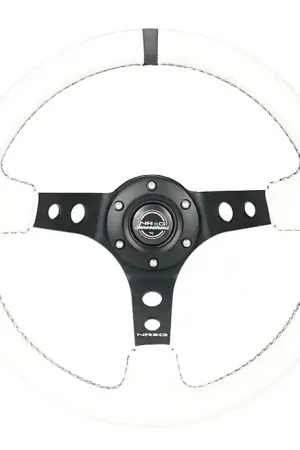 Fresh Stock NRG Innovations 350MM Deep Dish Steering Wheel w/ Holes, Black Center, Black Stitching, Black Stripe and White Leather Grip