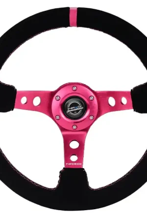 NRG Innovations 350MM Deep Dish Steering Wheel w/ Holes, Fuschia Center, Fuschia Stitching, Fuschia Stripe, and Black Suede Grip Handmade