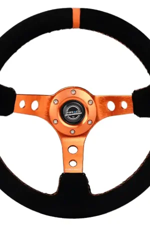 Shop Now NRG Innovations 350MM Deep Dish Steering Wheel w/ Holes, Orange Center, Orange Stitching, Orange Stripe, and Black Suede Grip