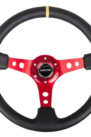 NRG Innovations 350MM Deep Dish Steering Wheel w/ Holes, Red Center, Black Stitching, Yellow Stripe, and Black Leather Grip Best Seller
