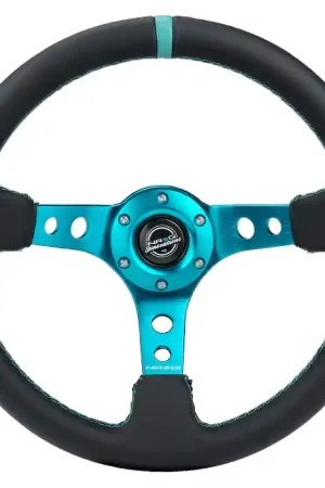 NRG Innovations 350MM Deep Dish Steering Wheel w/ Holes, Teal Center, Teal Stitching, Teal Stripe, and Black Leather Grip Buy Online