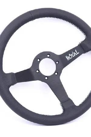 Crafted Grip Royal Brute 350mm Deep Dish Steering Wheel w/ Black Leather Grip, and White Stitching