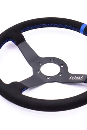 Grip Royal Brute 350mm Deep Dish Steering Wheel w/ Black Suede Grip, Blue Stitching and Blue Leather TDC Stripe Handmade
