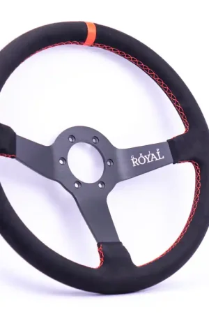 Authentic Grip Royal Brute 350mm Deep Dish Steering Wheel w/ Black Suede Grip, Red Stitching, and Red TDC Stripe