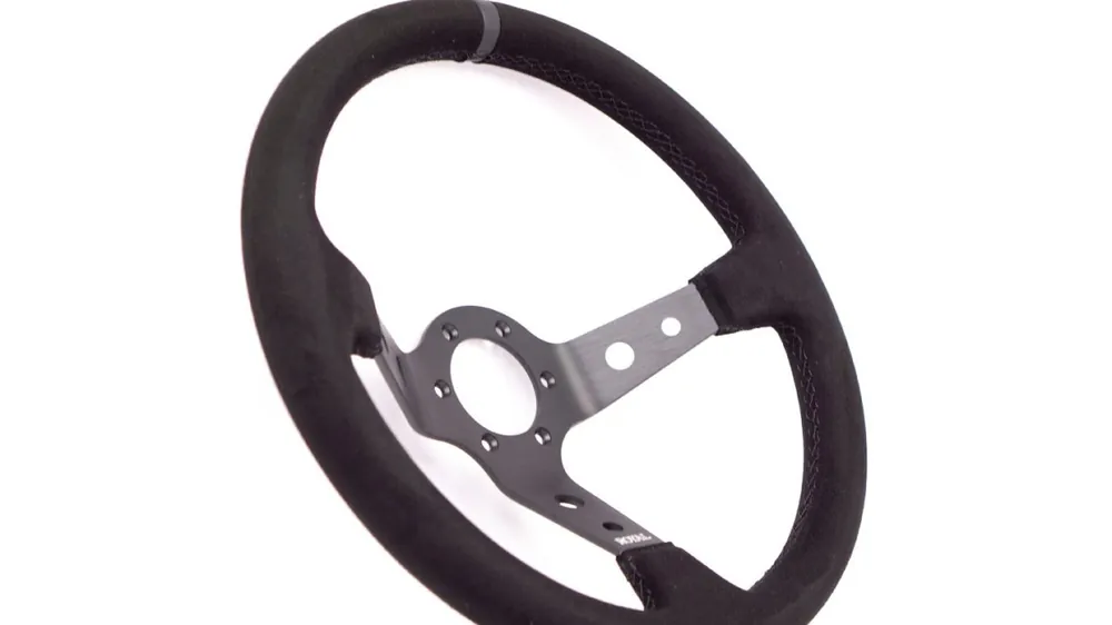Get Yours Grip Royal Club 350mm Deep Dish Steering Wheel w/ Black Suede Grip, Black Stitching, And Black TDC Stripe