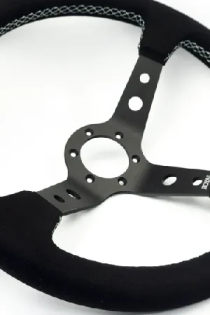 Secure Checkout Grip Royal Club 350mm Deep Dish Steering Wheel w/ Black Suede Grip, Mint Stitching, And Mint TDC Stripe