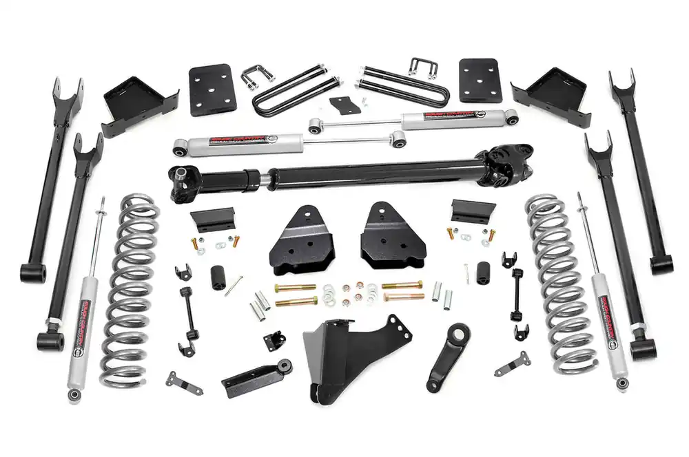 Deal 6 Inch Ford 4-Link Suspension Lift Kit w/Front Drive Shaft 17-19 F-250/350 4WD Diesel 4 Inch Axle w/Overloads Rough Country