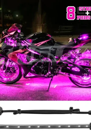 Exclusive XK Glow Strips Single Color XKGLOW LED Accent Light Motorcycle Kit Pink - 8xPod + 2x8In