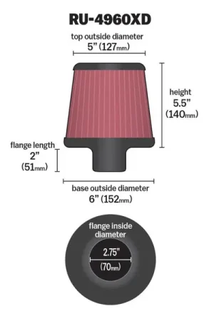 Luxury K&N Filter Universal Clamp-On Filter-Round Tapered 2.75in Flange ID x 6in Base OD x 5in Top OD
