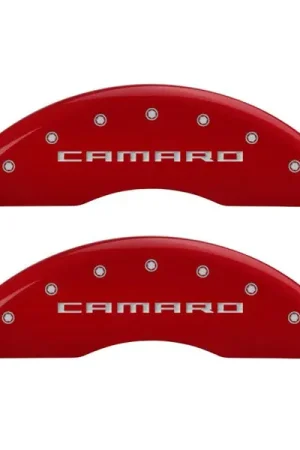 MGP 4 Caliper Covers Engraved Front Gen 5/Camaro Engraved Rear Gen 5/SS Red finish silver ch Trending