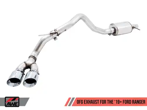 Must Have AWE Tuning 2019+ Ford Ranger 0FG Performance Exhaust System w/Chrome Silver Tips & Bash Guard - 3015-22072